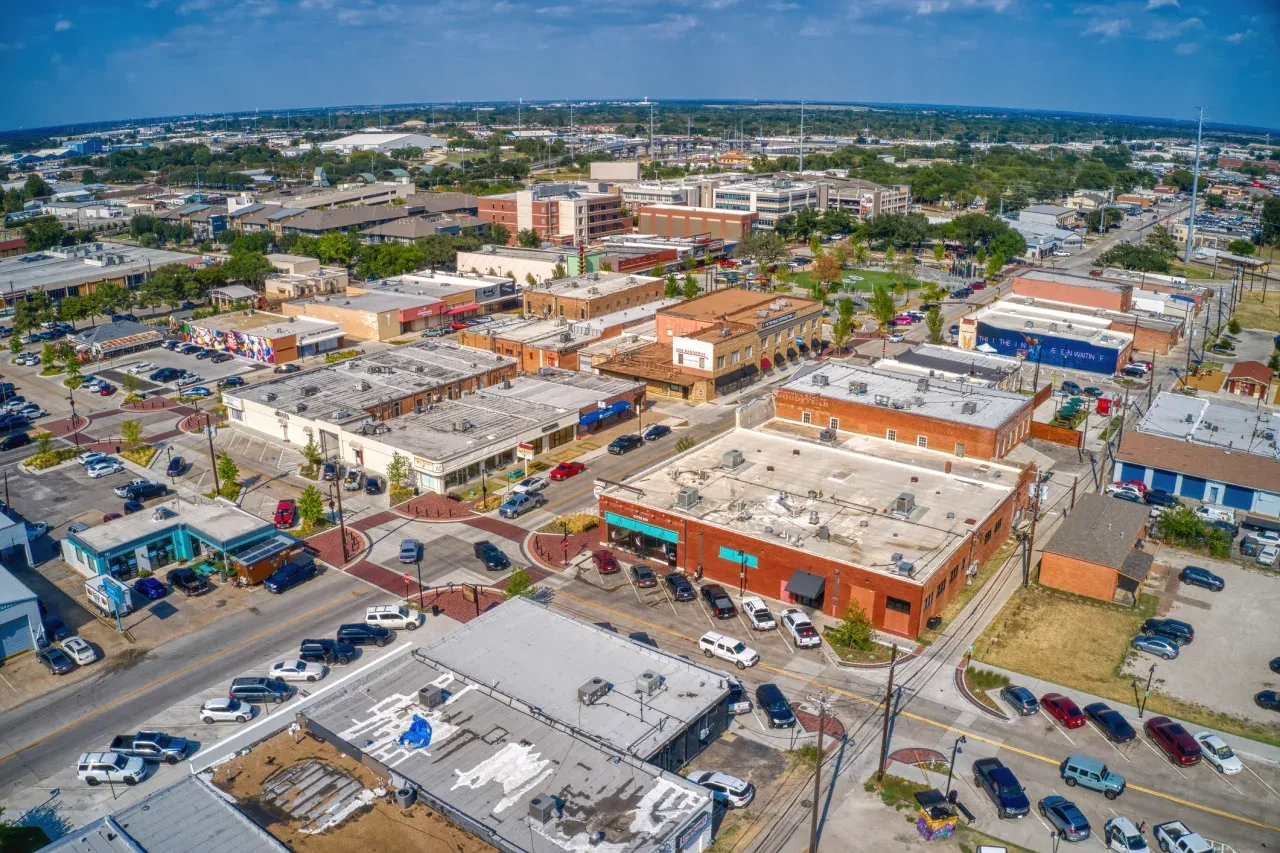 Aerial view of downtown streets in Garland TX