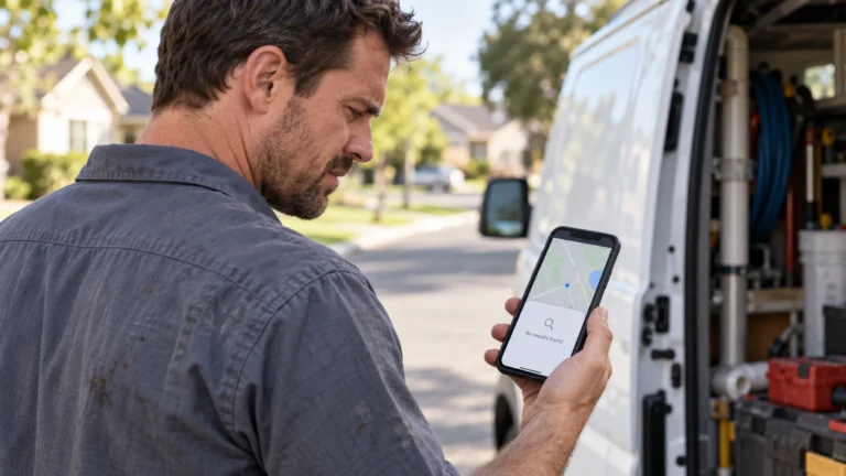 Plumber next to his work van looking at a phone map that shows no results for his business