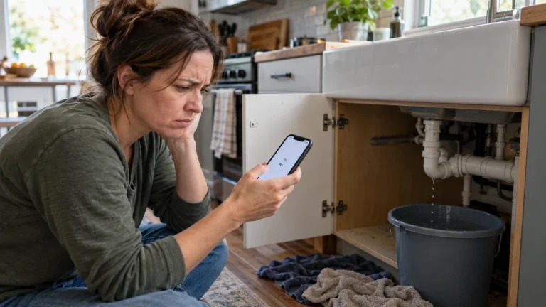 Homeowner with a leaking sink waiting for a slow contractor website to load on her phone